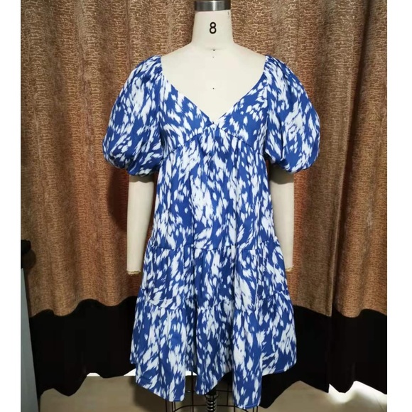 ANTHROPOLOGIE: Blue/White Puff Sleeve Tier Dress - Picture 4 of 5